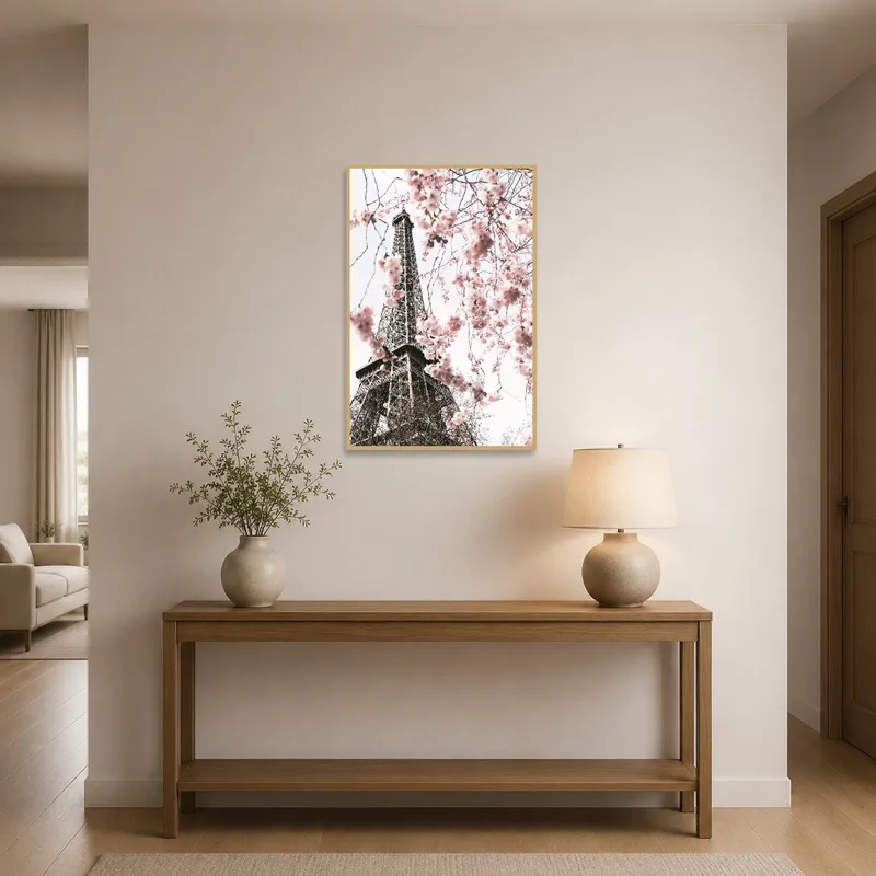 Cherry blossoms frame the Eiffel Tower greeting visitors in the entrance hall.