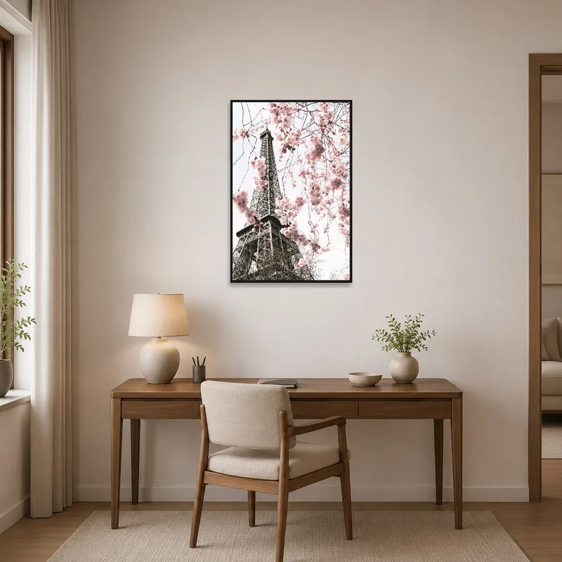 Inspiring home office with Eiffel Tower and cherry branches artwork.