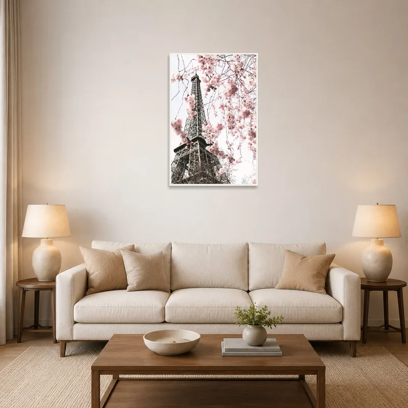 Eiffel Tower with cherry blossoms above a comfortable living room sofa.