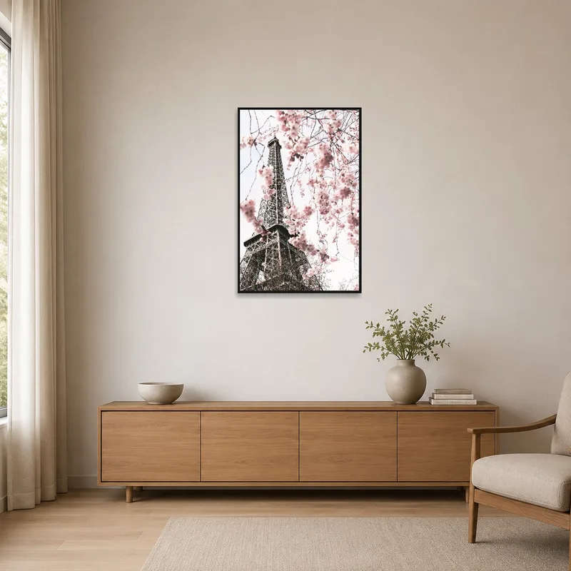 Eiffel Tower and cherry blossoms in a minimalist space, enhancing simplicity.