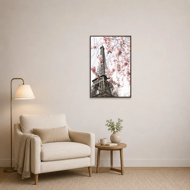 A cozy reading corner adorned with the Eiffel Tower and cherry bloom scene.