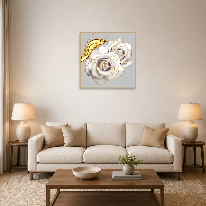 White roses with gold accents in a cozy living room.