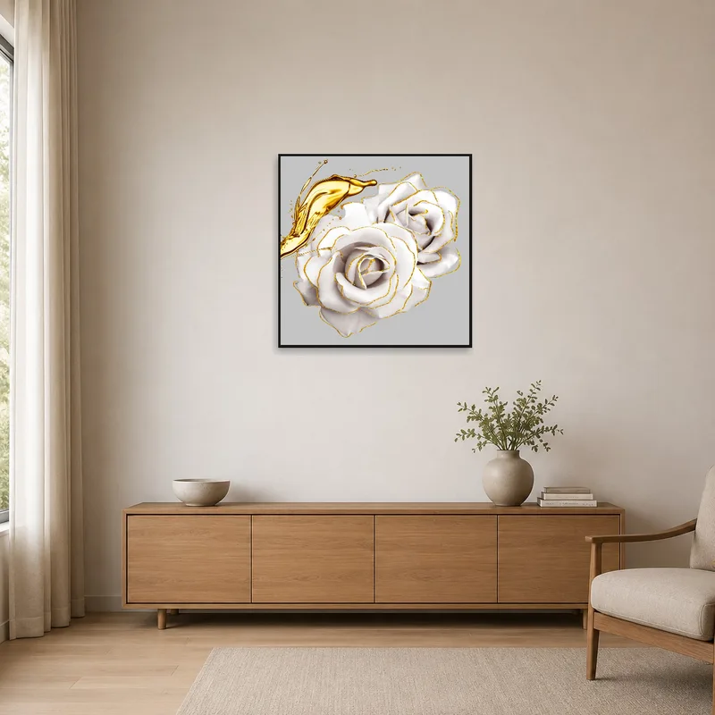 White roses with gold accents in a minimalist room.