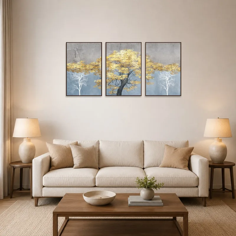 Triptych of gold and gray tree art displayed above a modern sofa in a stylish living room.