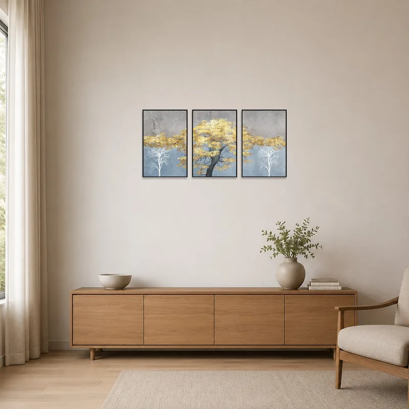 Sleek tree art in gold and gray adds sophistication to a minimalist room.