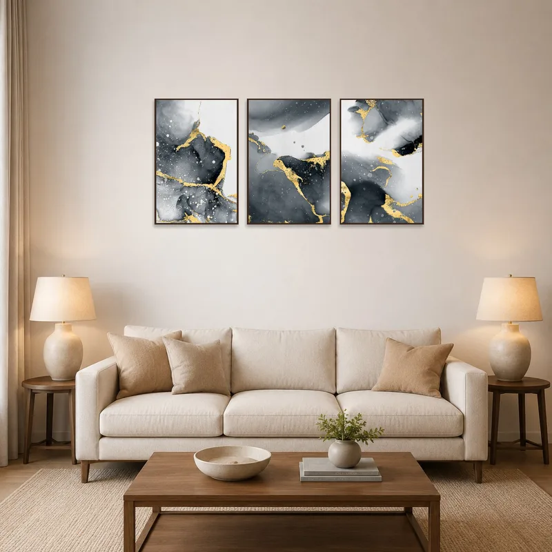 Black and gold triptych set on a living room wall above a modern sofa.