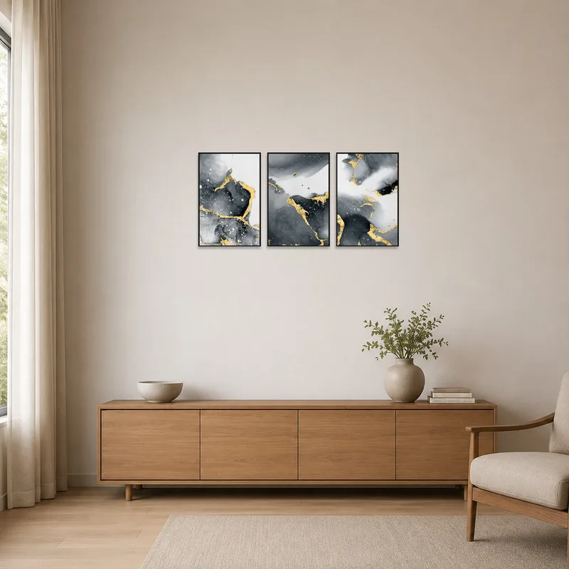 Abstract triptych art in a minimalist room with simple furnishings.