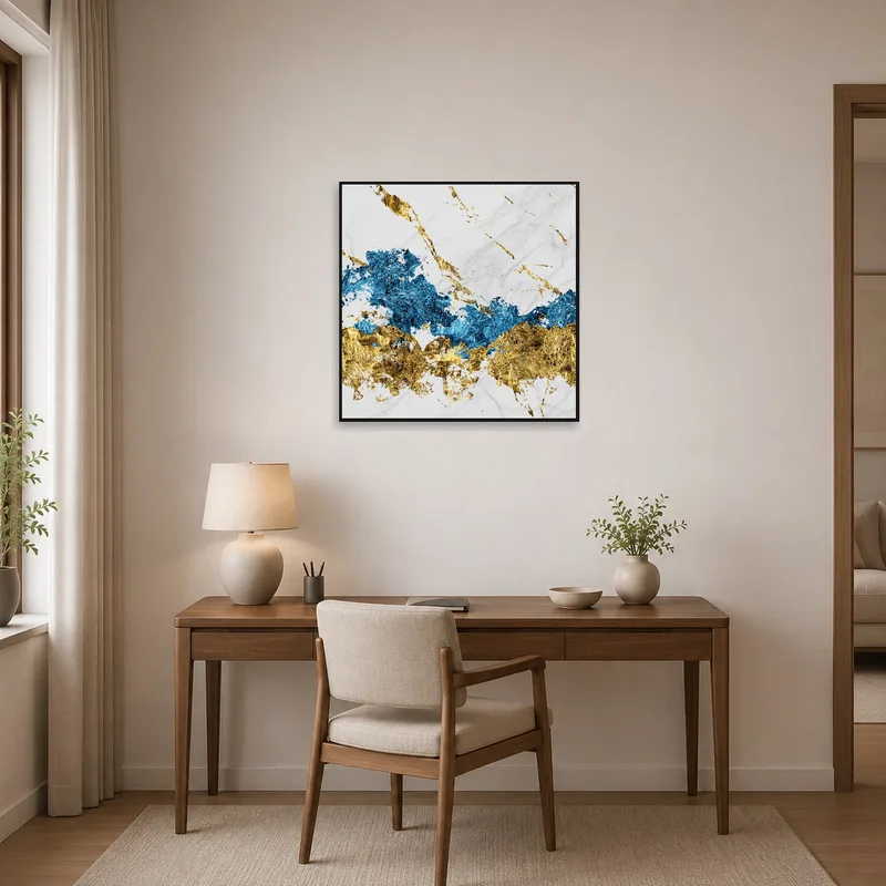 Blue and gold marble art piece inspires creativity in a home office setting.