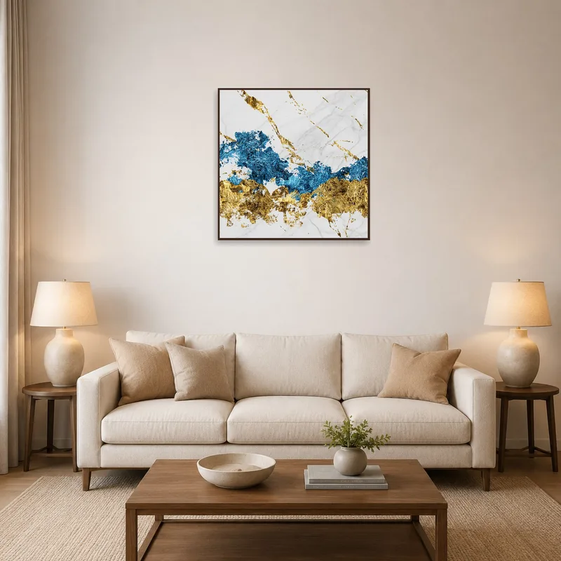 Elegant abstract marble art in blue and gold enhances a stylish living room decor.