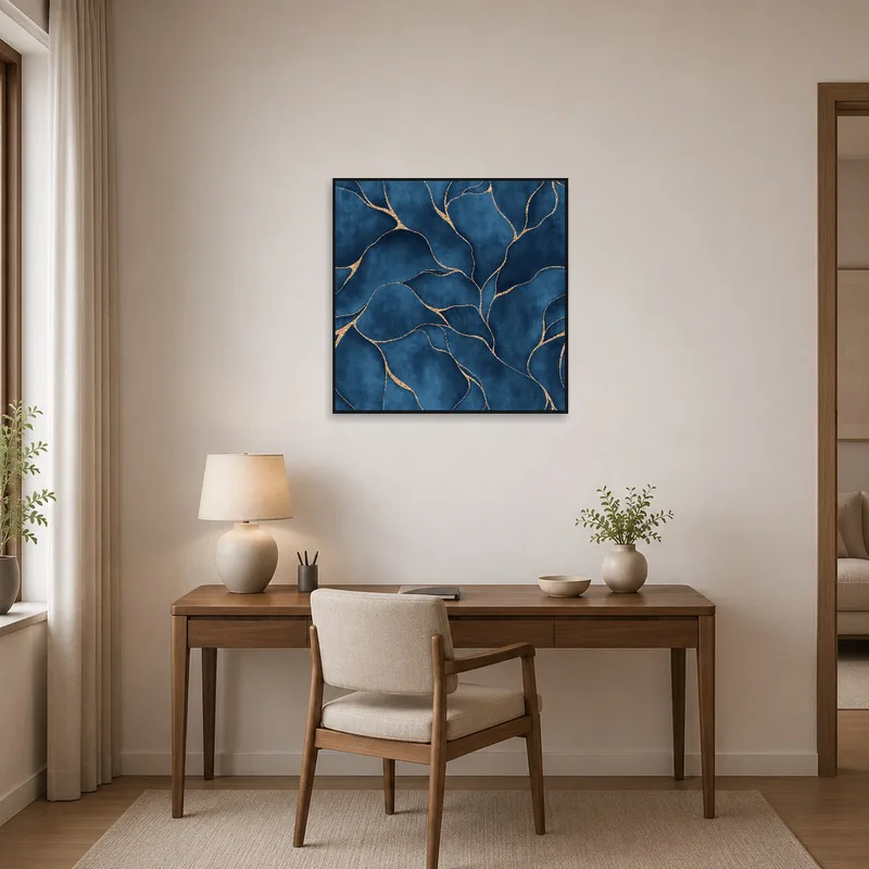 Blue and gold abstract artwork inspires creativity in a modern home office.