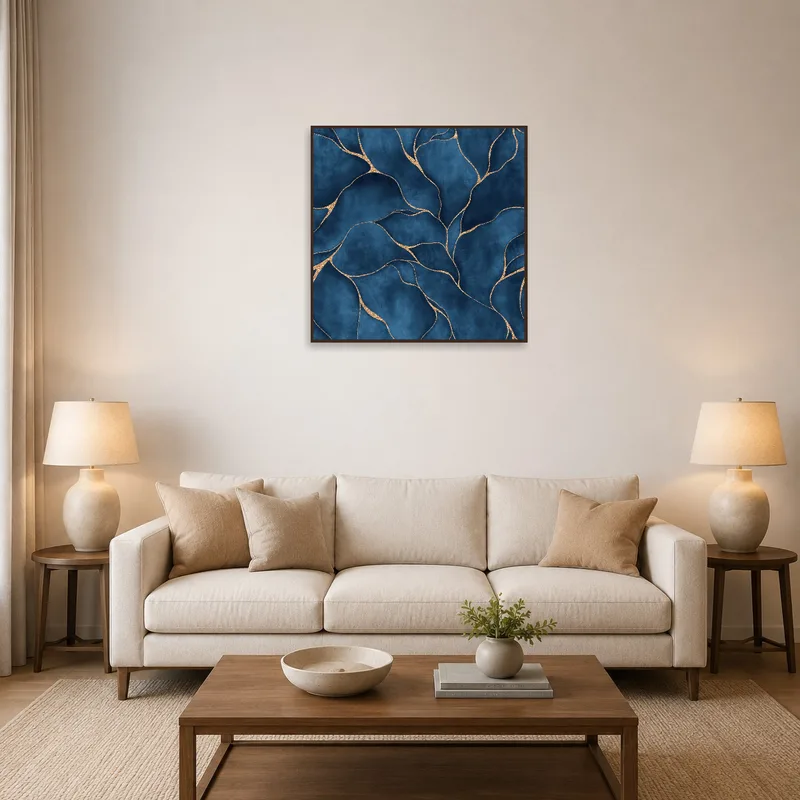 Elegant blue and gold abstract painting enhances a stylish living room setting.