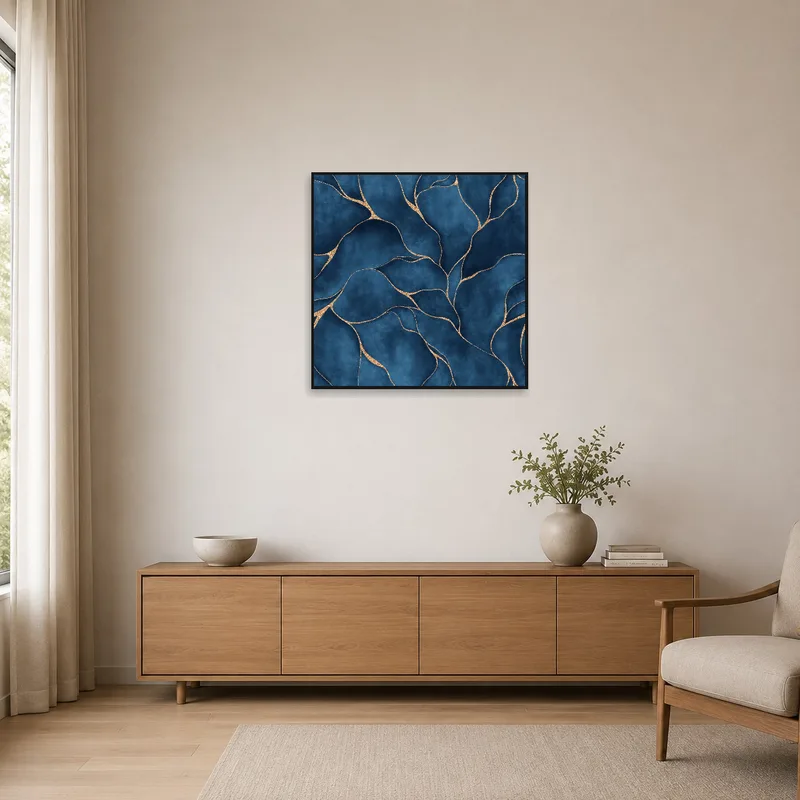 Sophisticated blue and gold abstract piece complements a minimalist space.