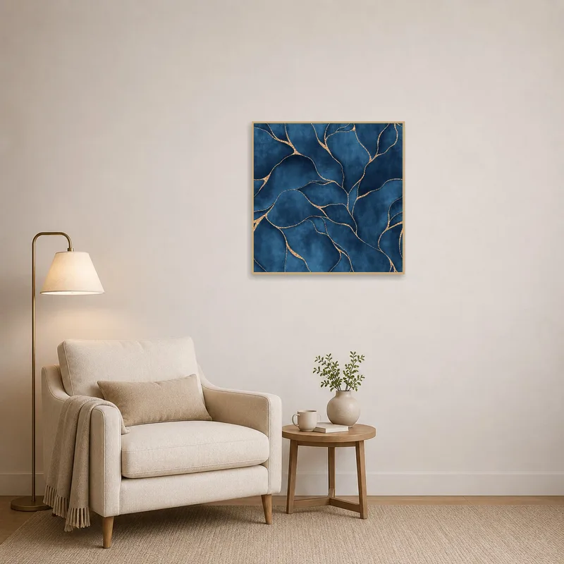 Blue and gold abstract painting adds charm to a cozy reading corner.