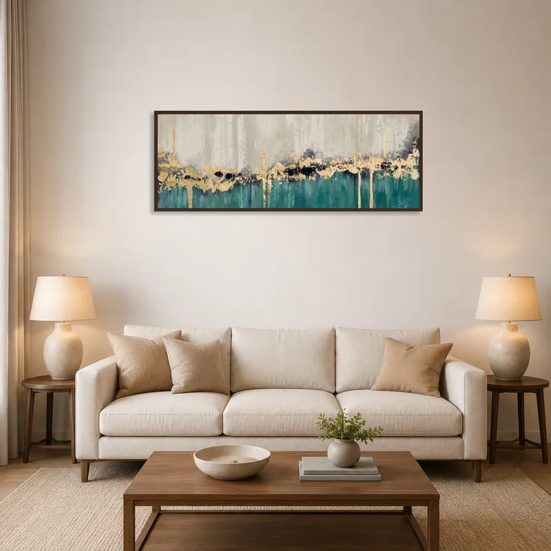 Elegant abstract art with gold accents displayed above a modern living room sofa.