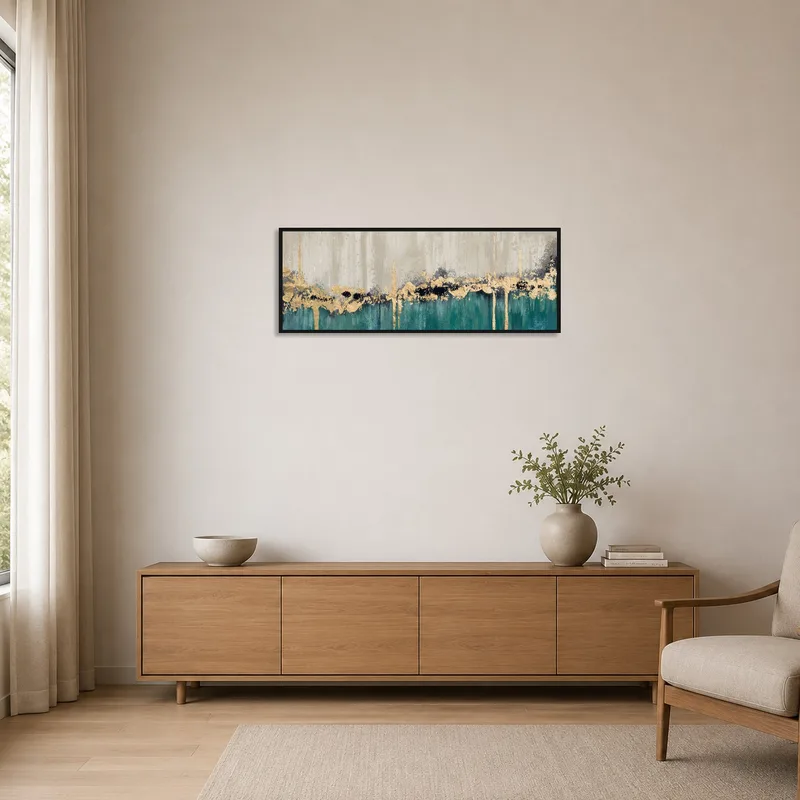 Abstract brushstroke art with gold highlights in a minimalist white room.