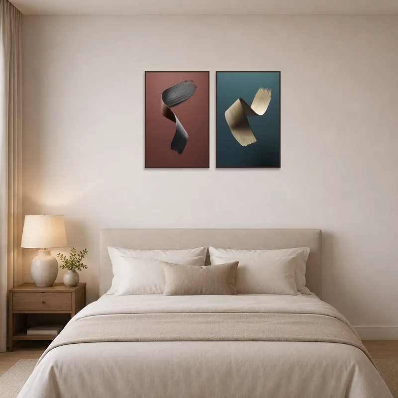 Calm brushstroke prints bring elegance to a serene bedroom atmosphere.