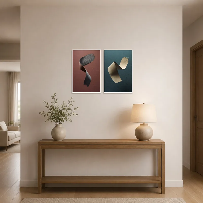 Dynamic brushstroke prints greet visitors in a chic entrance hall.