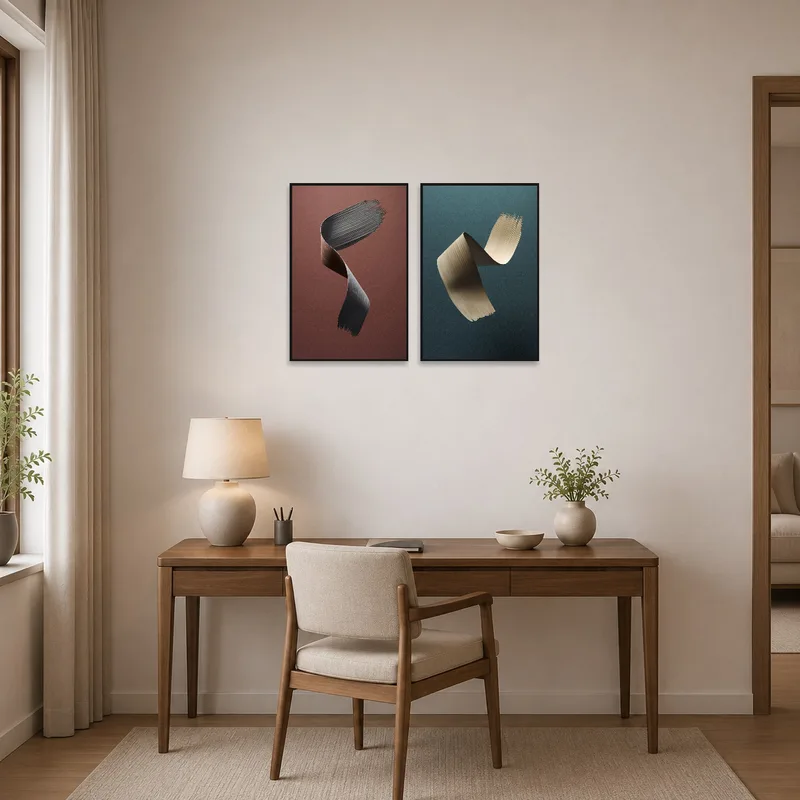 Inspirational brushstroke prints energize a modern home office space.