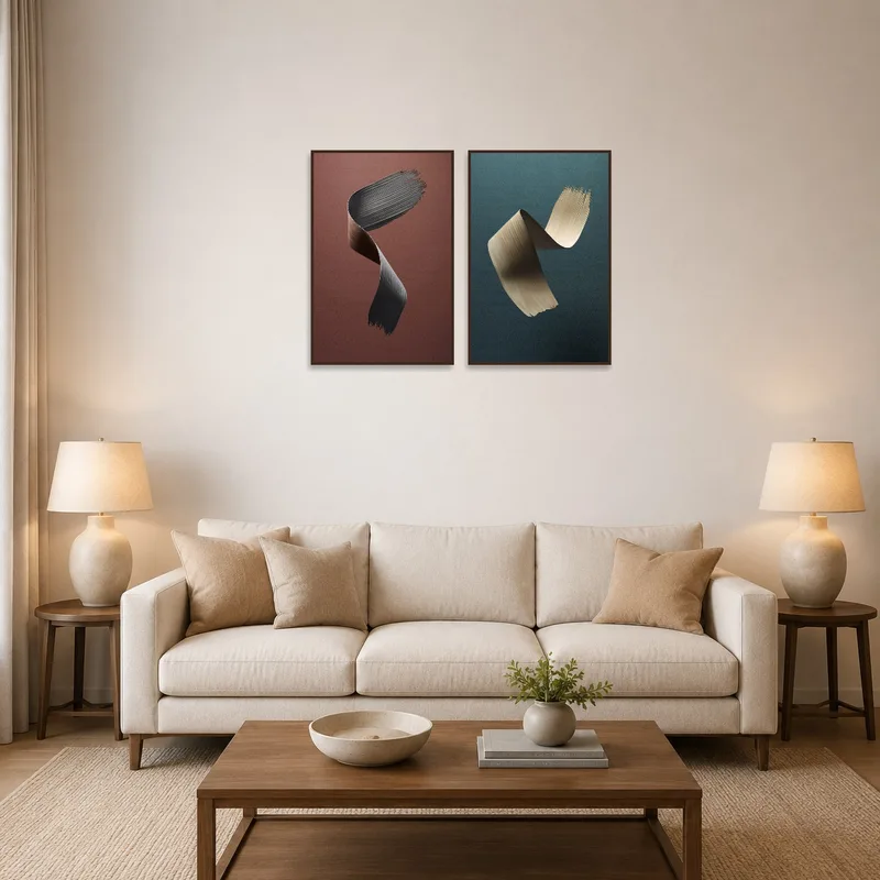 Abstract brushstroke prints add sophistication above a sleek sofa.