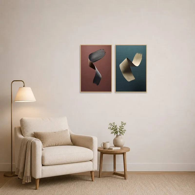 Artistic brushstroke prints enhance a cozy reading nook's ambiance.