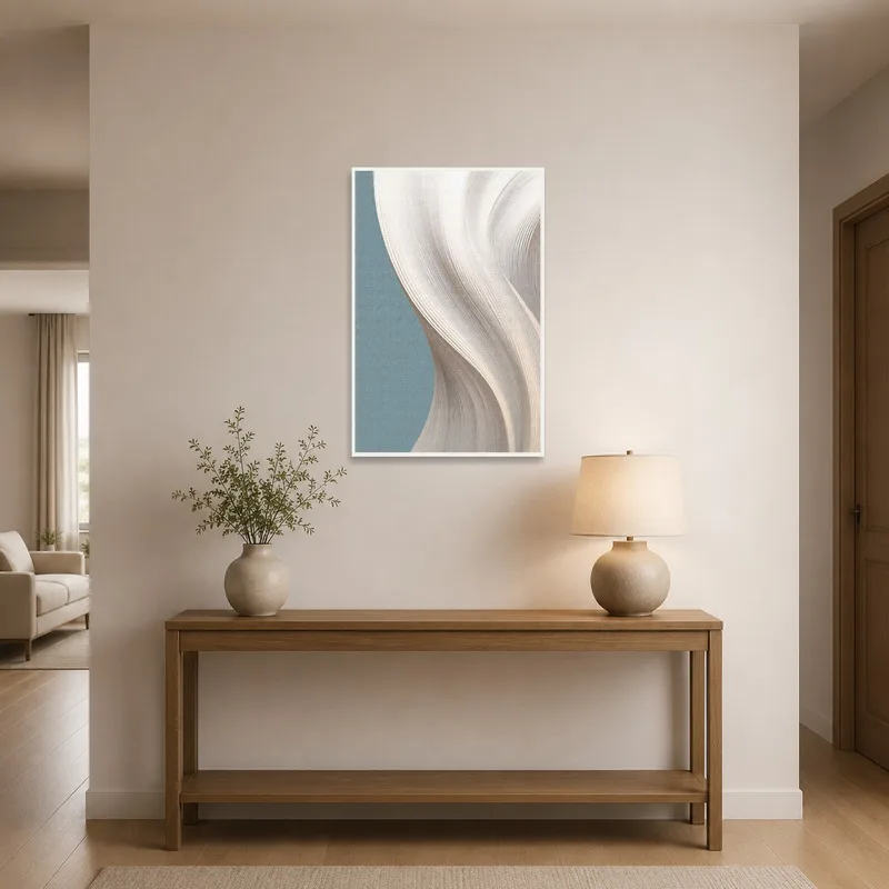 Neutral-toned abstract art greeting guests in an elegant entrance hall.