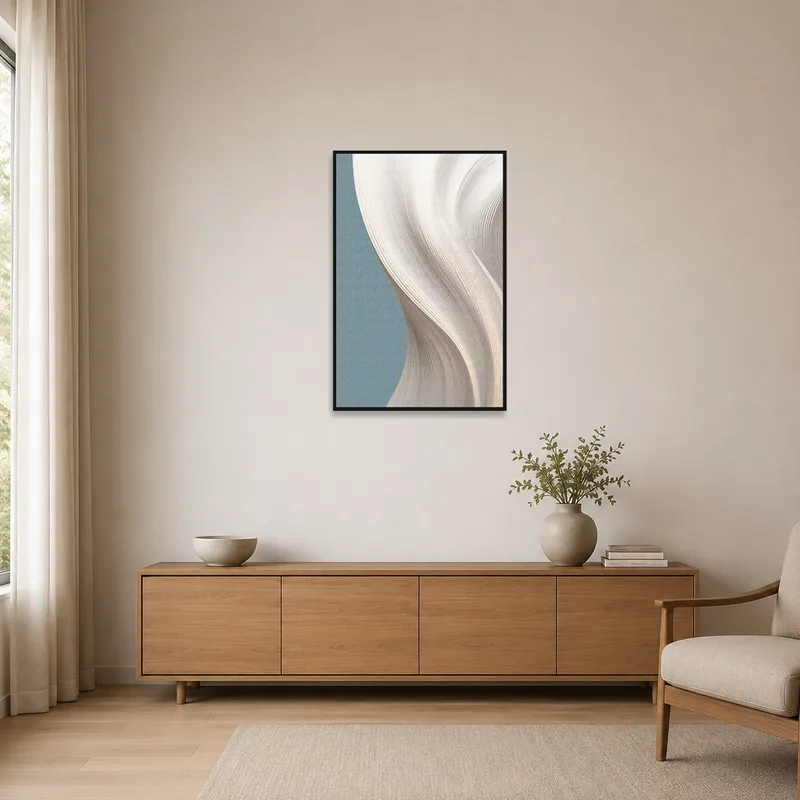Abstract curves art complementing a minimalist room's clean lines.
