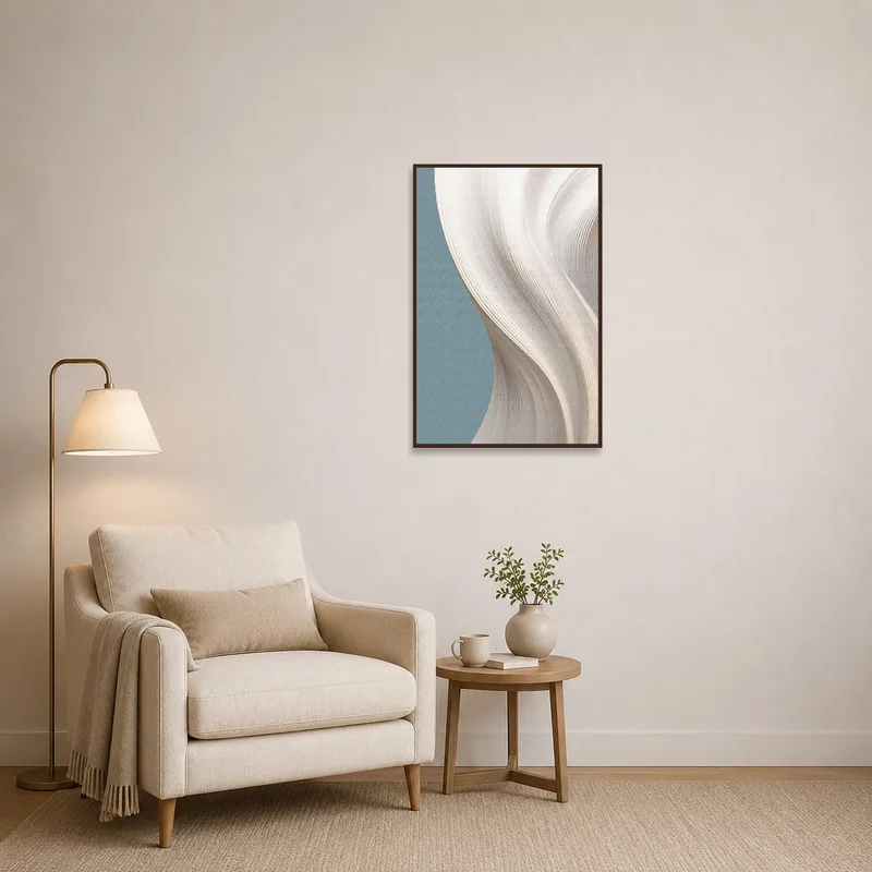 Abstract artwork enhancing a cozy reading corner with its calming curves.