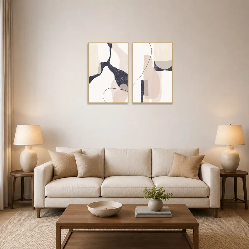 Abstract canvas set in neutral tones above a modern sofa in the living room.