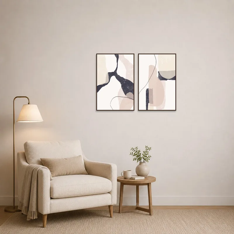 Abstract duo adds subtle sophistication to a cozy reading corner.