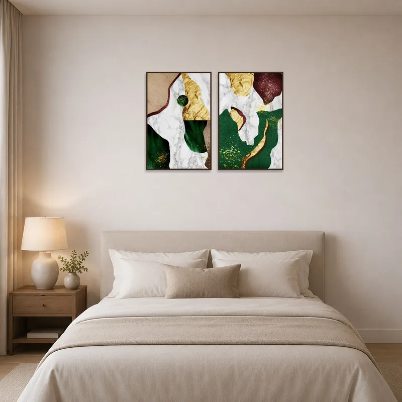 Gold and marble patterns enhance the chic atmosphere of a serene bedroom.