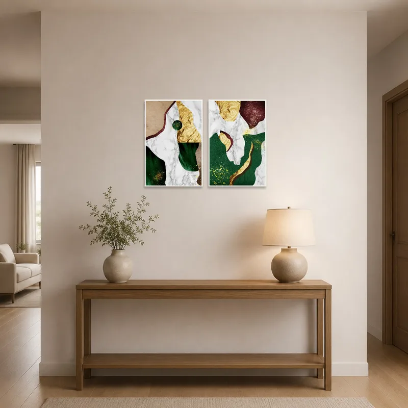 Gold and marble abstracts catching the eye in a stylish entrance hall.