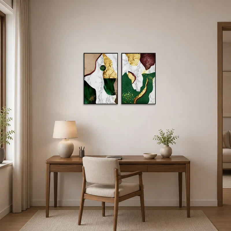Abstract duo inspiring creativity in a stylish home office setup.