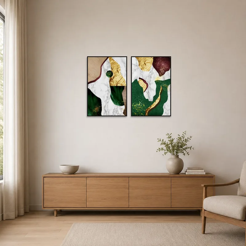 Gold and marble abstract art complementing a minimalist room with sleek furniture.