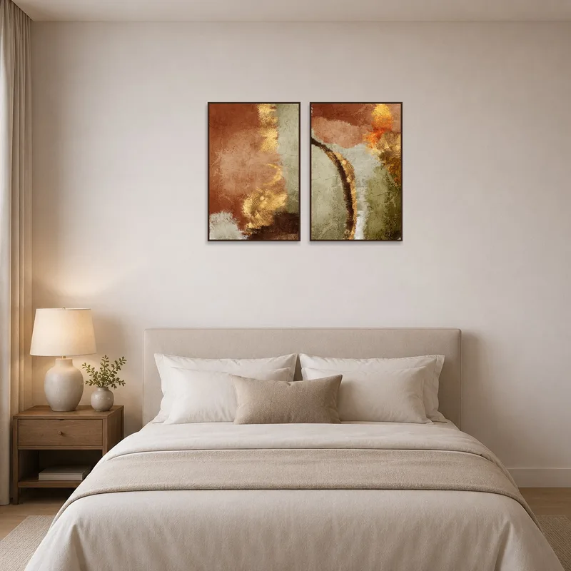 Abstract earth tone art set enriching a serene bedroom wall.