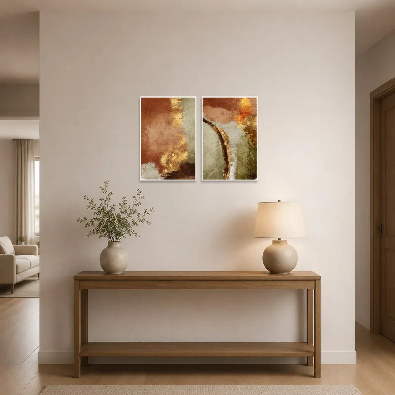 Entrance hall uplifted by an elegant earth tone art set.