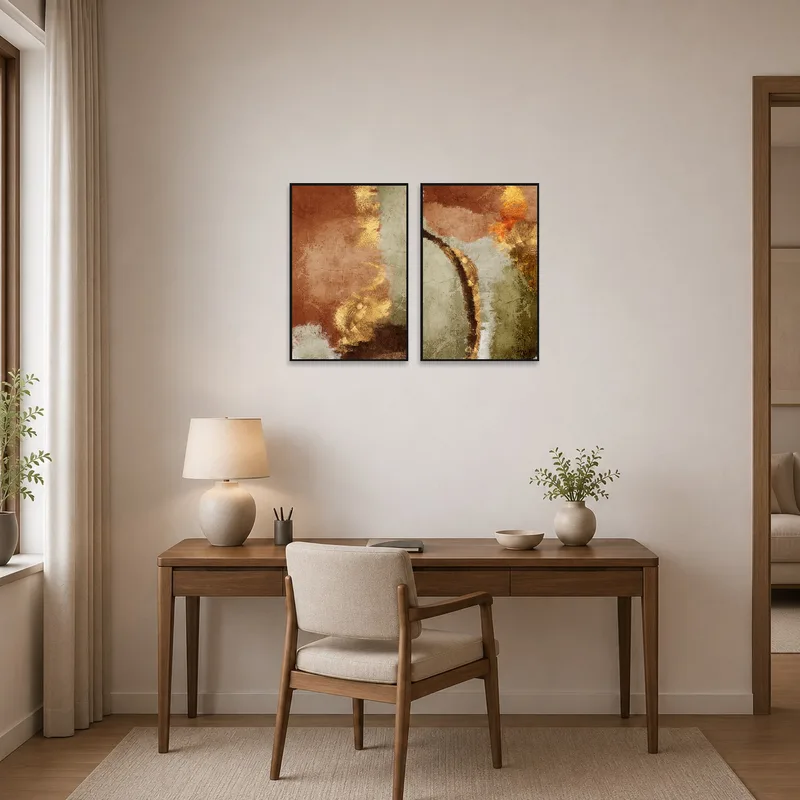 Sophisticated home office with an earth tone abstract art set.