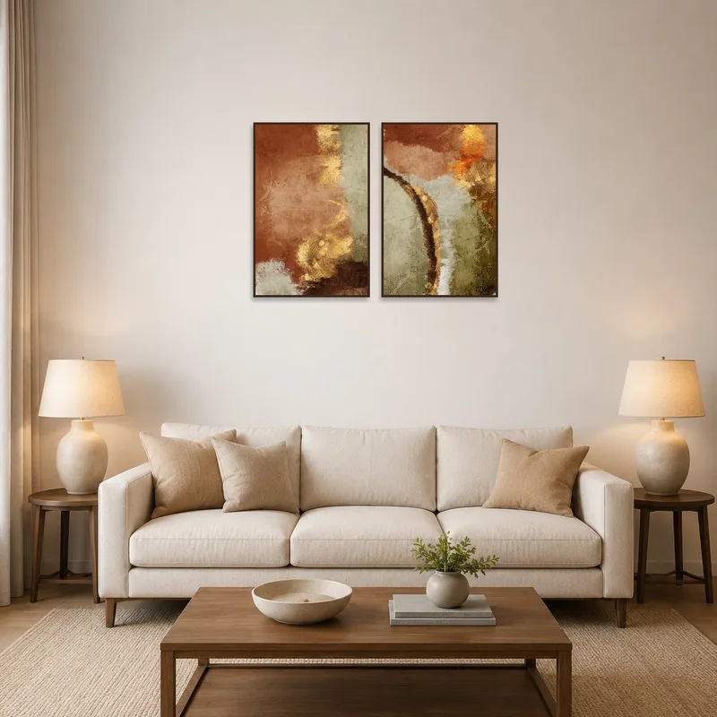 Abstract earth tone art set adorning a cozy living room wall.