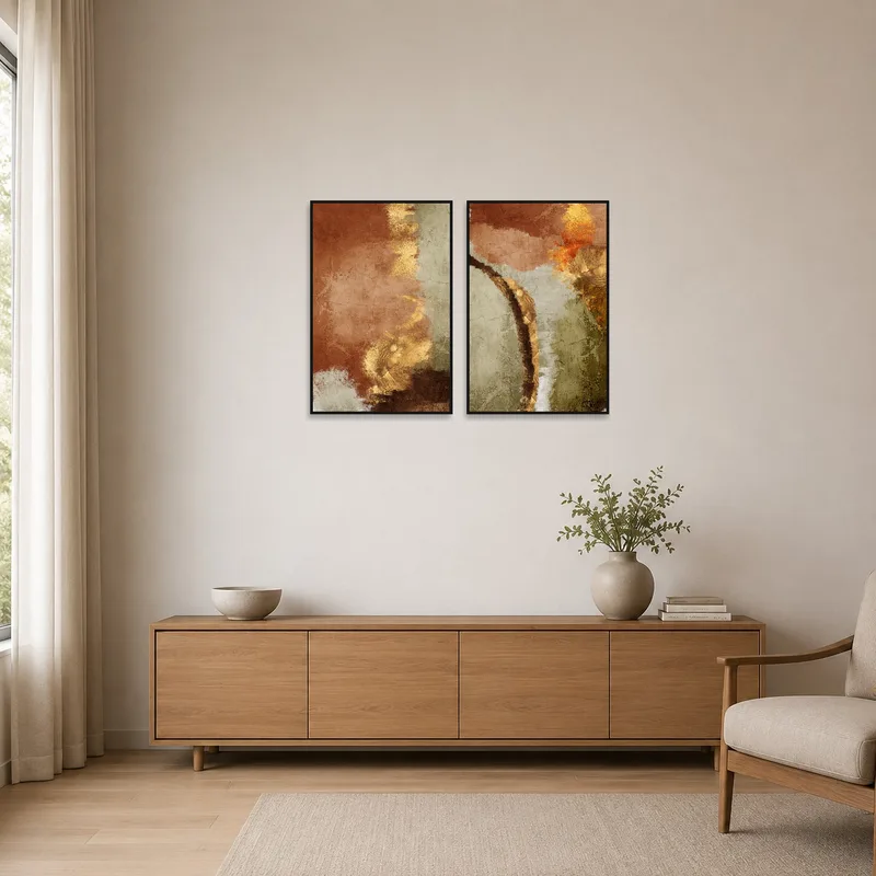 Minimalist room enhanced by abstract earth tone art set.
