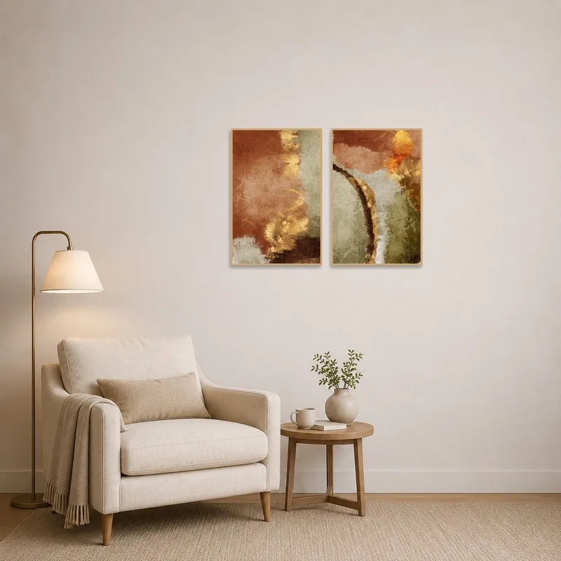 Reading corner featuring an elegant abstract earth tone art.