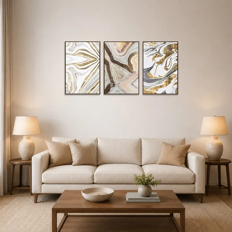 Triptych Earth Tones artwork above a modern living room sofa.