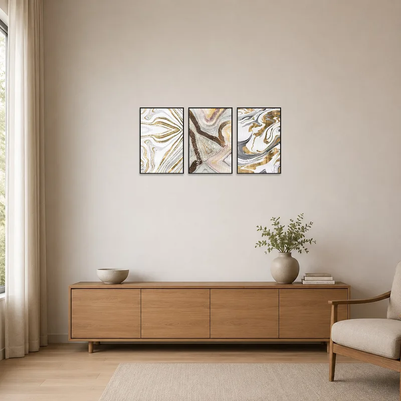 Abstract triptych set complementing a minimalist space with muted tones.