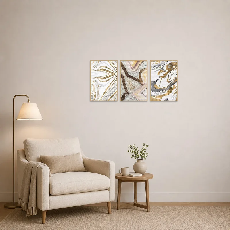 Elegant abstract triptych creating a cozy vibe in a reading corner.
