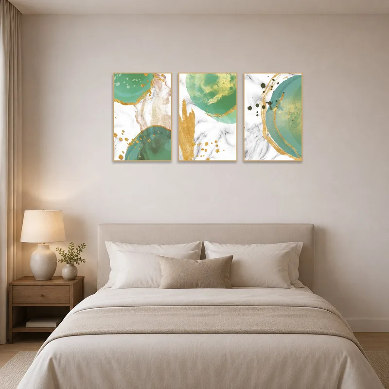 Elegant abstract emerald and gold art set brings tranquility to the bedroom.