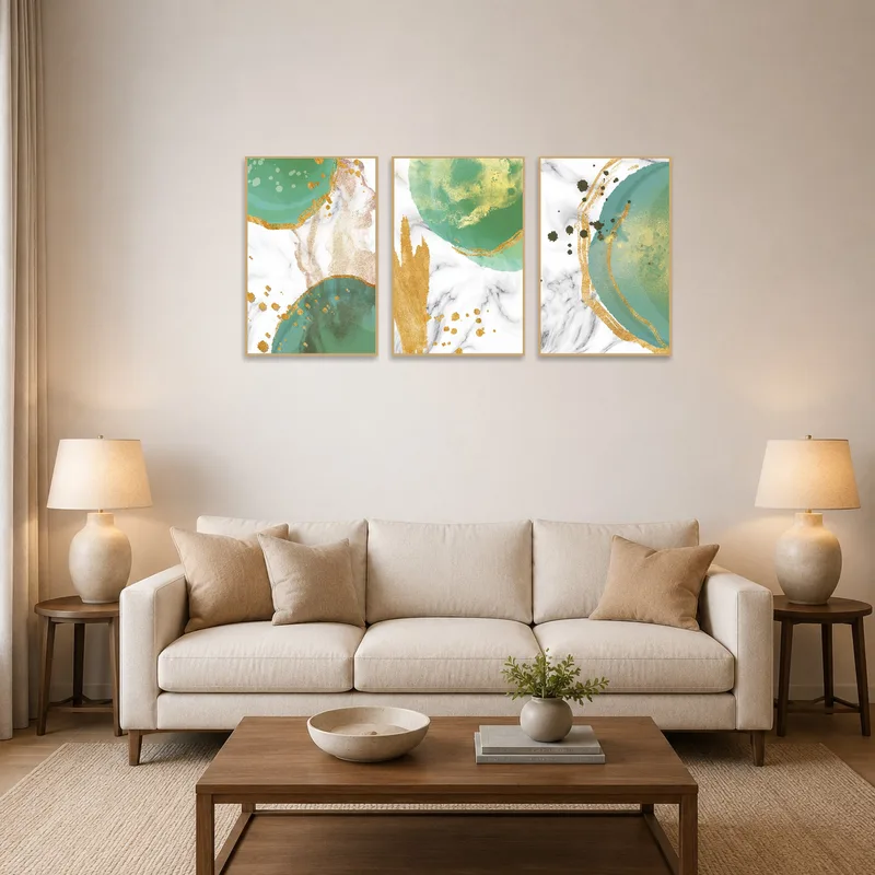 Elegant abstract emerald and gold art set adorns a stylish living room wall.