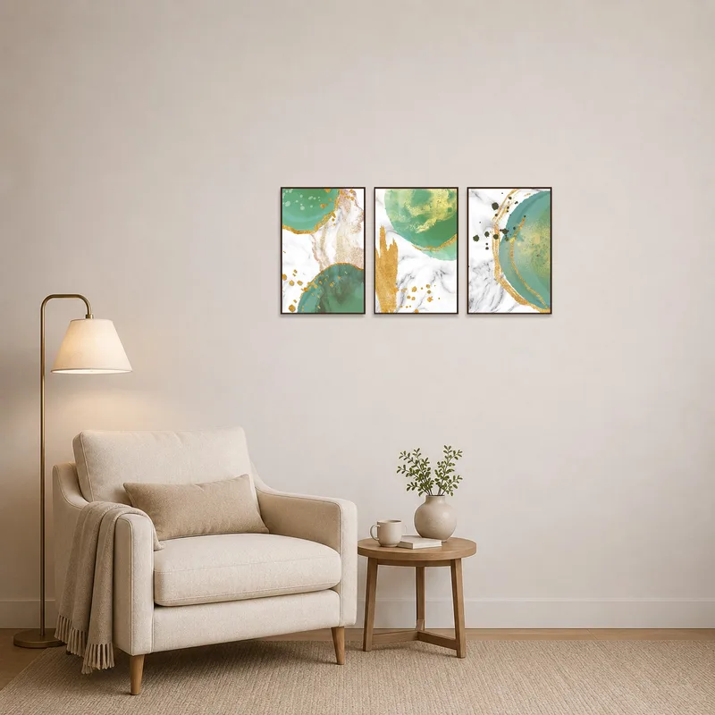 Reading corner enhanced by elegant abstract emerald and gold triptych.