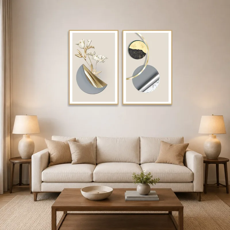 Abstract floral and geometric art set above modern living room sofa.