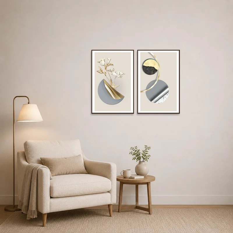 Abstract floral and geometric artwork enhancing a cozy reading corner.