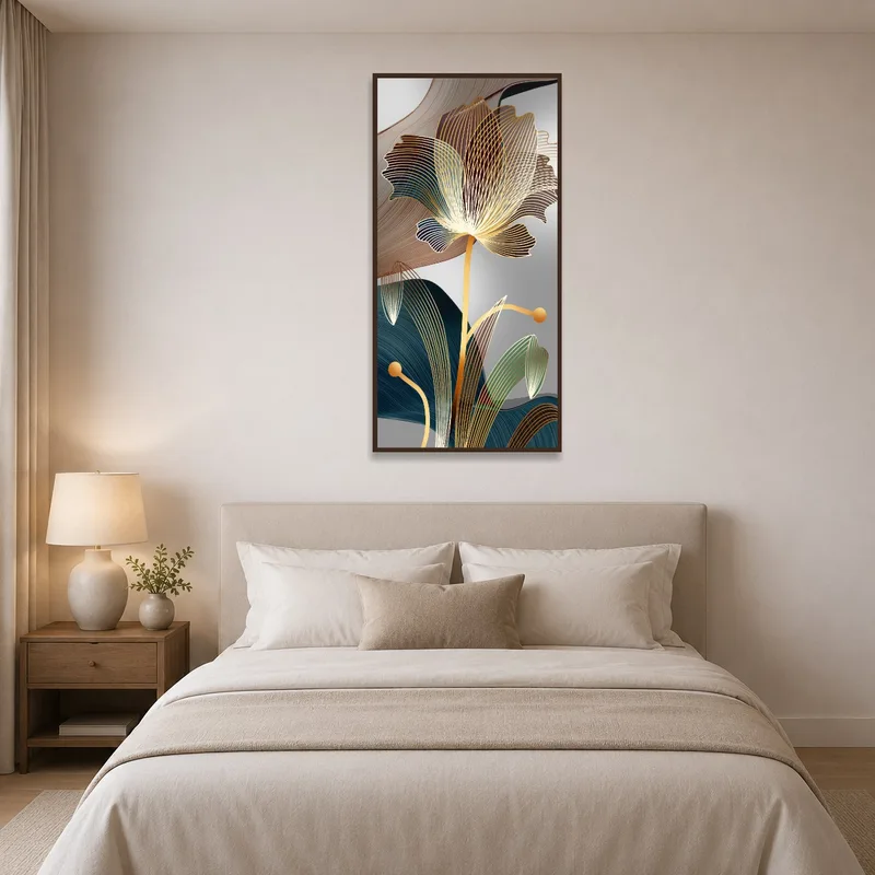 Elegant abstract floral composition adorning a serene bedroom above the bed.
