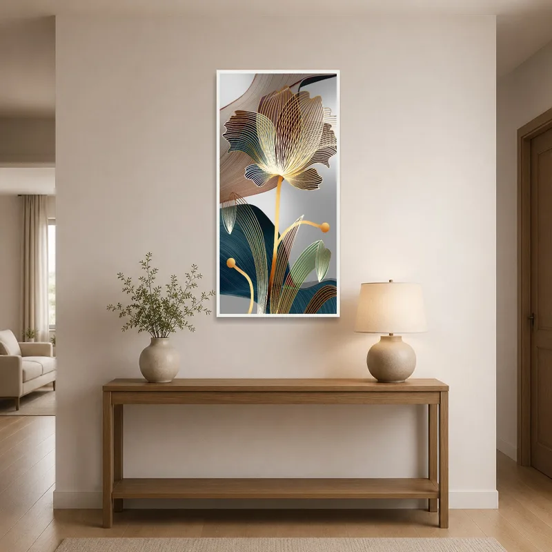 Elegant abstract floral composition welcomes guests in an entrance hall.