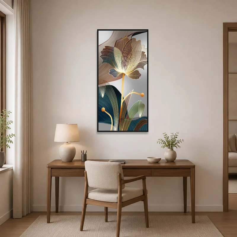 Elegant abstract floral composition adding sophistication to a home-office wall.